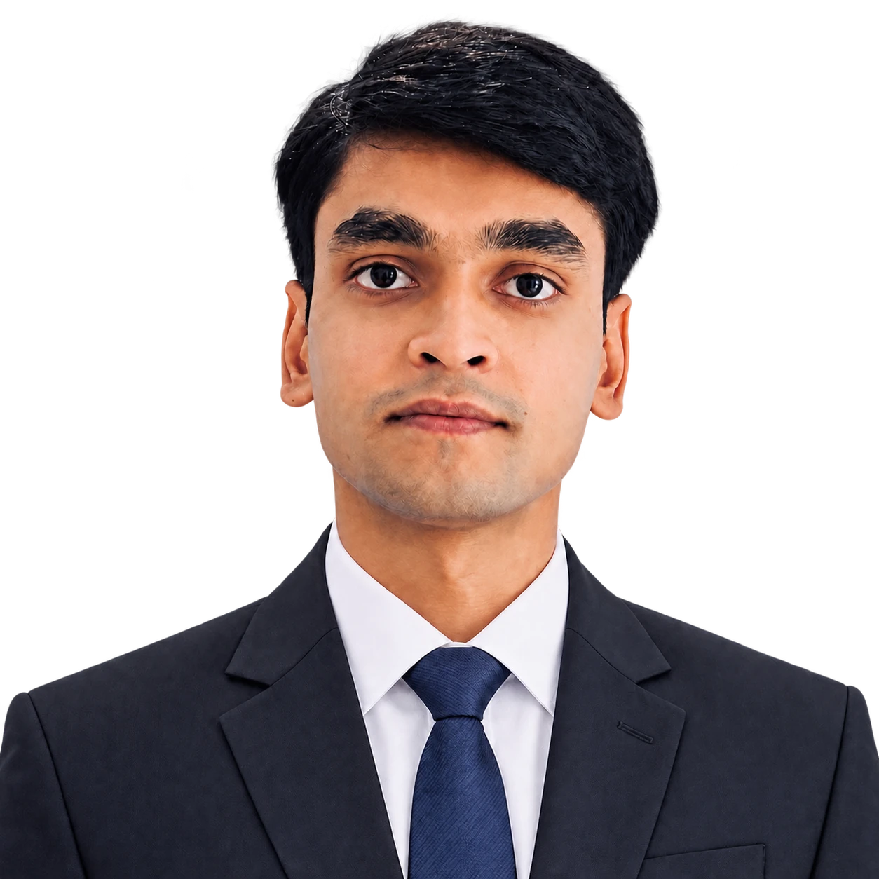 Sarvesh in a navy suit and blue tie